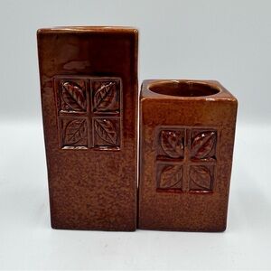 Home Accents 2 Brown Glazed Leaf Design Staggered Column Tea-light Holders